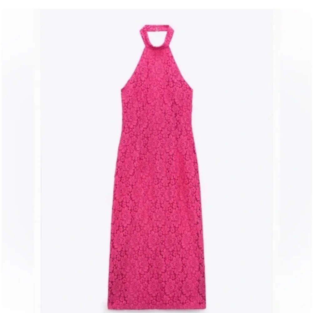 Hot Pink Lace Halter Maxi Dress-Zara